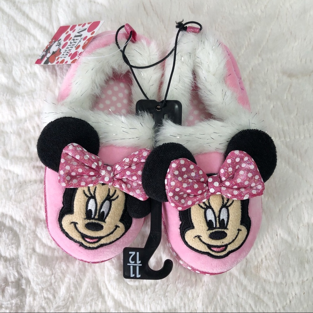Disney Minnie Mouse Slippers Size 11/12 Pink Plush Bow Character Shoes NWT